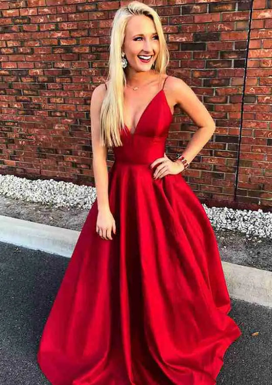 Sleek Satin Long Evening Dress Burgundy Plunging Sleeveless Party Gown for Women