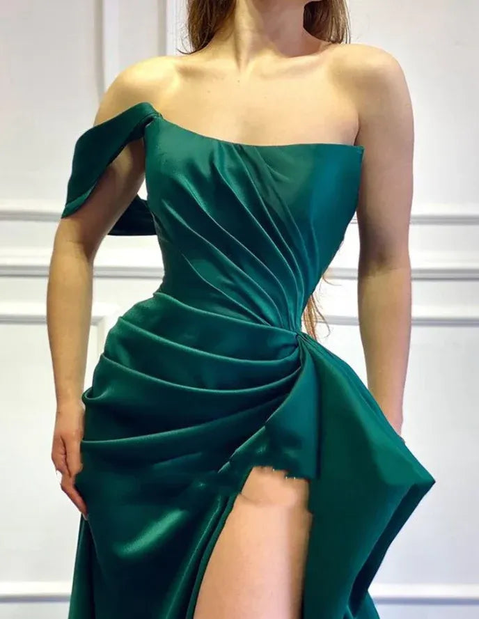 Sleek Satin Long Evening Dress Emerald Green One-Shoulder Ruched for Women