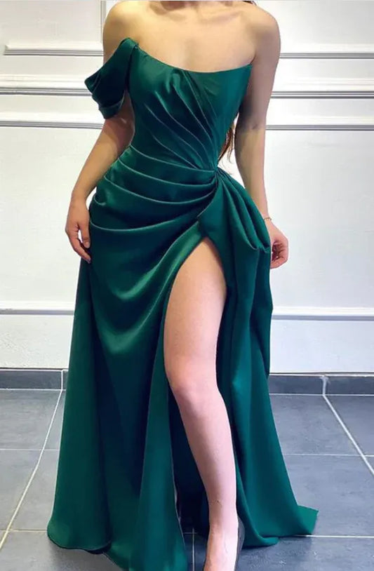 Sleek Satin Long Evening Dress Emerald Green One-Shoulder Ruched for Women