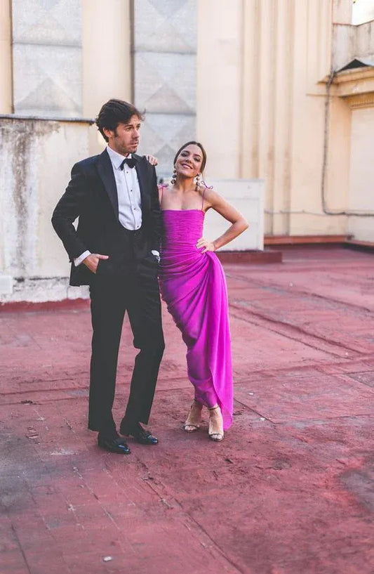 Sleek Satin Maxi Evening Dress Magenta Sweetheart Spaghetti-Strap Formal Women