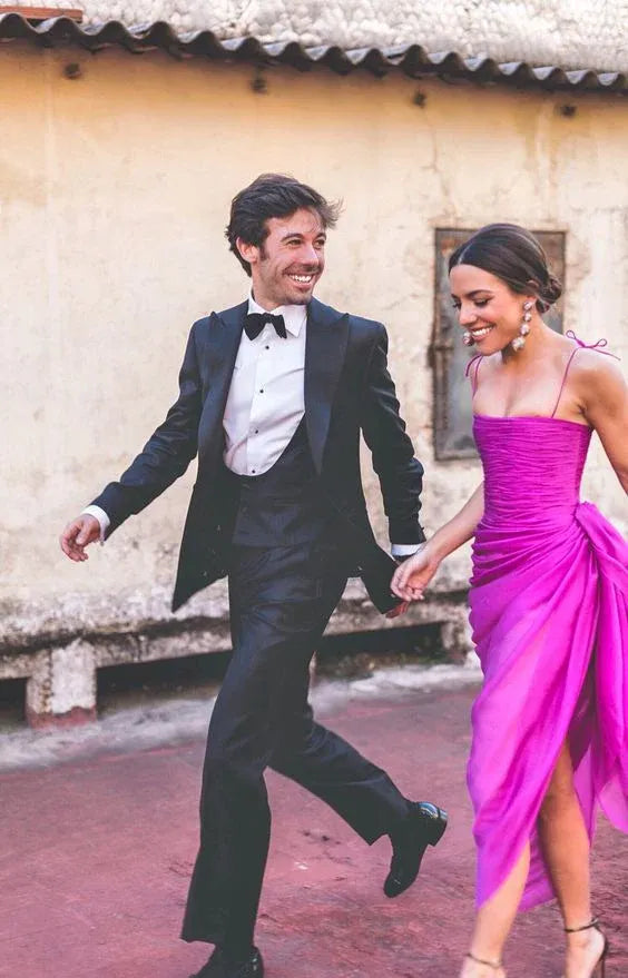 Sleek Satin Maxi Evening Dress Magenta Sweetheart Spaghetti-Strap Formal Women