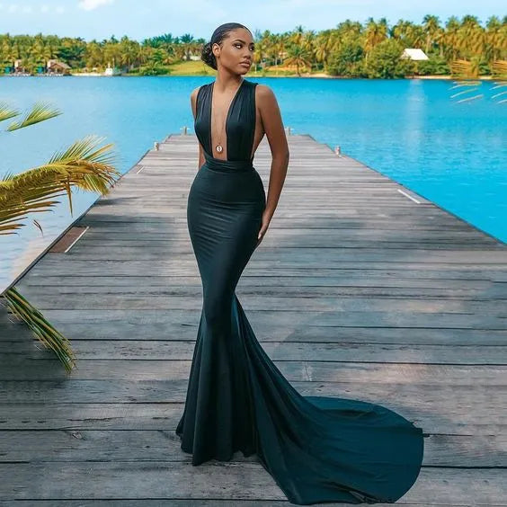 Sleek Satin Maxi Evening Dress Navy Deep V Sleeveless for Women