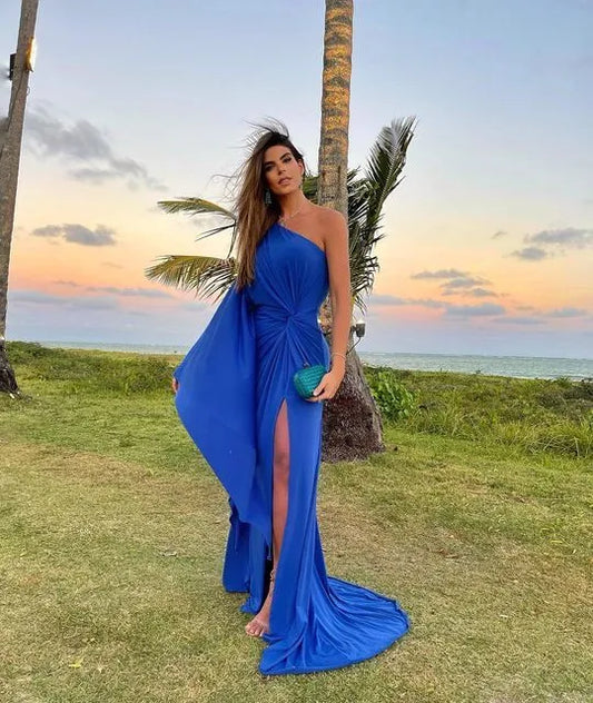 Sleek Satin Maxi Evening Dress Royal Blue One-Shoulder Draped for Women