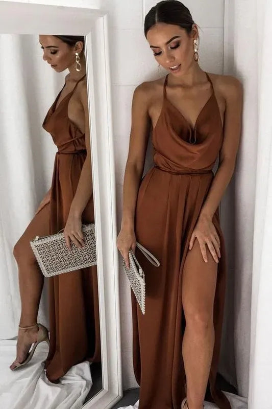Sleek Satin Maxi Evening Dress Terracotta Halter-Neck Sleeveless Formal Women