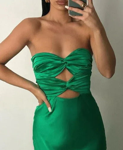 Sleek Satin Midi Evening Dress Emerald Green Strapless Cutout for Women