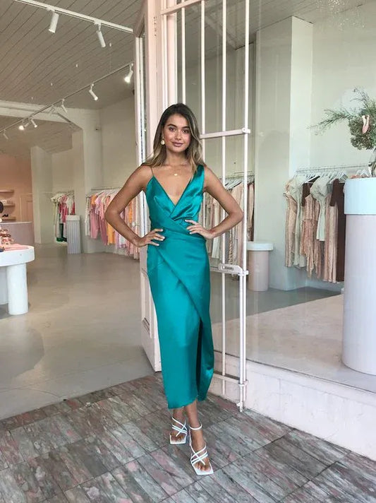 Sleek Satin Midi Evening Dress Teal Deep V-Spaghetti-Strap Formal Women