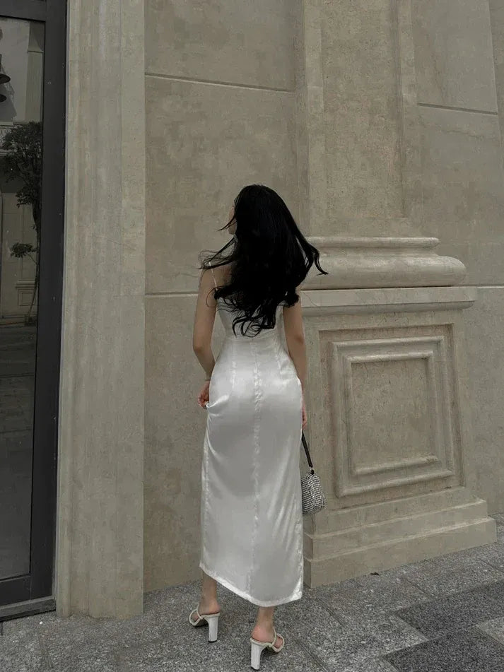 Sleek Satin Midi Evening Dress White Square Neck Sleeveless for Women