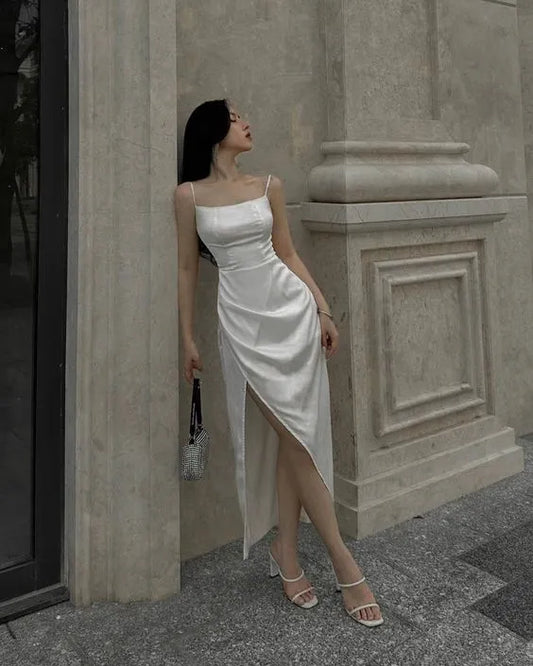 Sleek Satin Midi Evening Dress White Square Neck Sleeveless for Women