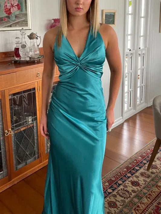 Sleek Sheath Halter-Neck Cutout Satin Teal Maxi Evening Dress for Women