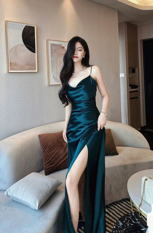 Sleek Sheath Spaghetti-Strap Cutout Satin Emerald Maxi Evening Dress for Women