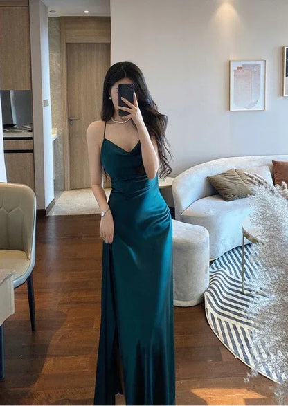 Sleek Sheath Spaghetti-Strap Cutout Satin Emerald Maxi Evening Dress for Women