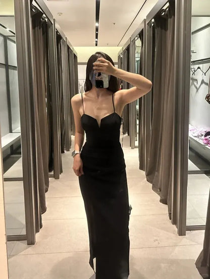 Sleek Sheath Spaghetti-Strap Deep-V Open-Back Black Maxi Evening Dress for Women