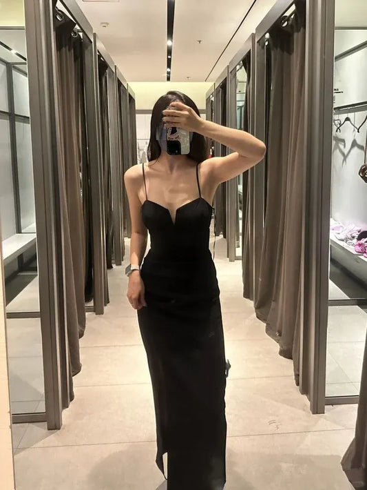 Sleek Sheath Spaghetti-Strap Deep-V Open-Back Black Maxi Evening Dress for Women