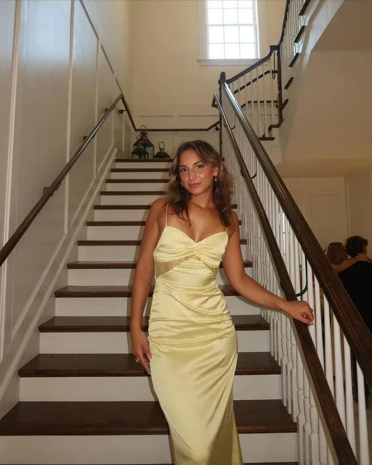Sleek Sheath Spaghetti-Strap Lace Satin Pale-Yellow Floor-Length Evening Dress for Women