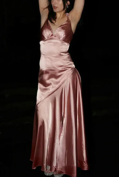Sleek Sheath V-Neck Sleeveless Asymmetric Rose Gold Maxi Prom Dress for Women Ready to Ship