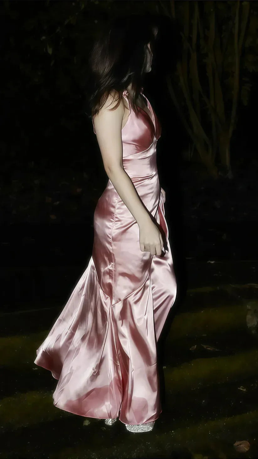 Sleek Sheath V-Neck Sleeveless Asymmetric Rose Gold Maxi Prom Dress for Women Ready to Ship