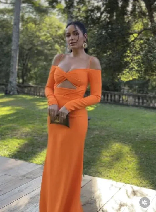 Sleek Stretch-Knit Maxi Evening Dress Orange Off-Shoulder Long-Sleeve Formal Women