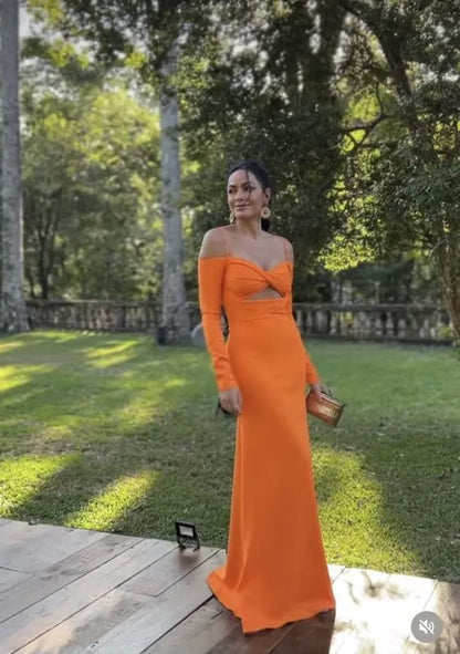 Sleek Stretch-Knit Maxi Evening Dress Orange Off-Shoulder Long-Sleeve Formal Women
