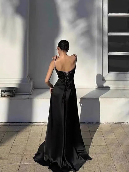 Sleek Trumpet Square-Neck Lace-Up Satin Black Train Maxi Evening Dress for Women