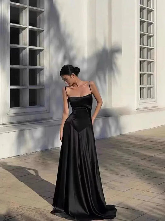 Sleek Trumpet Square-Neck Lace-Up Satin Black Train Maxi Evening Dress for Women