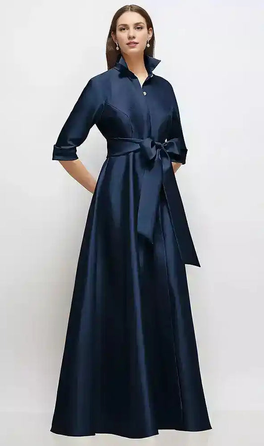 Sleeve Satin Shirt Dress Gown with Sash and Jeweled Buttons in Midnight Navy
