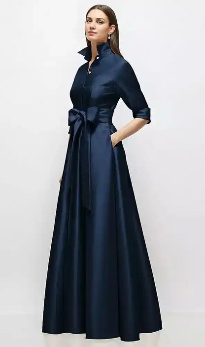 Sleeve Satin Shirt Dress Gown with Sash and Jeweled Buttons in Midnight Navy