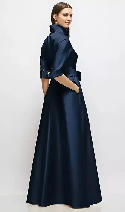 Sleeve Satin Shirt Dress Gown with Sash and Jeweled Buttons in Midnight Navy
