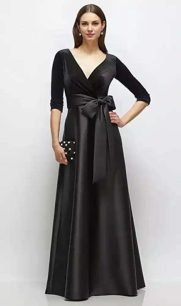 Sleeve Wrap Bodice Full Skirt Black Velvet and Satin Dress with Sash in Black