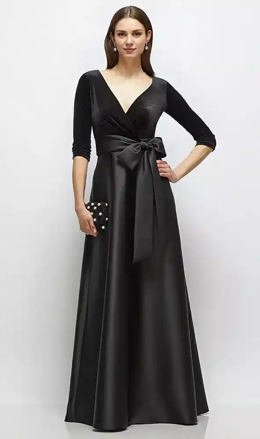 Sleeve Wrap Bodice Full Skirt Black Velvet and Satin Dress with Sash in Black