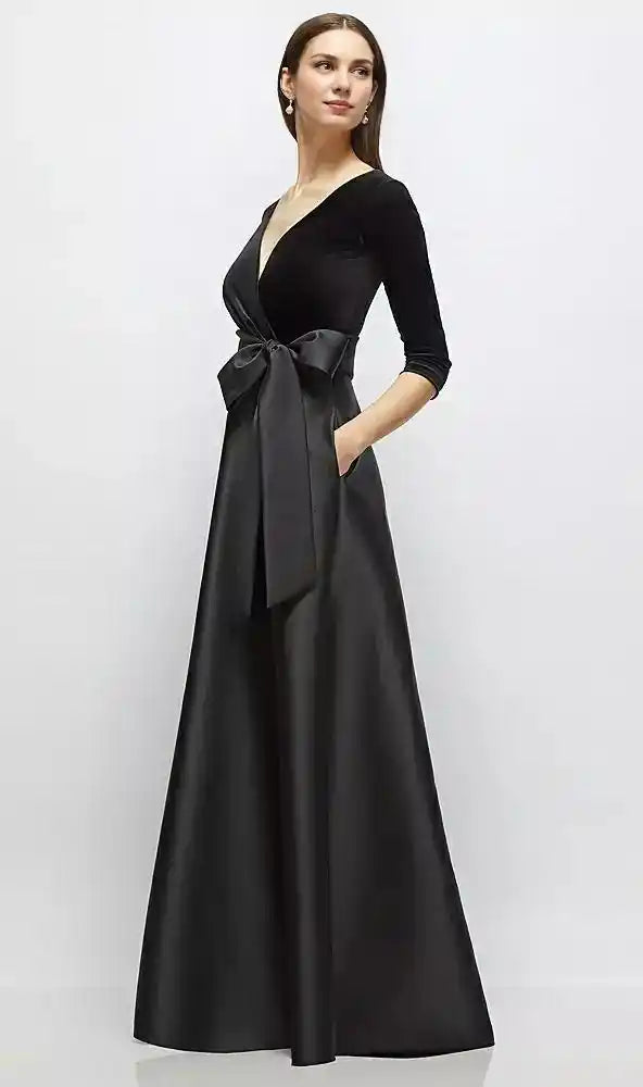 Sleeve Wrap Bodice Full Skirt Black Velvet and Satin Dress with Sash in Black