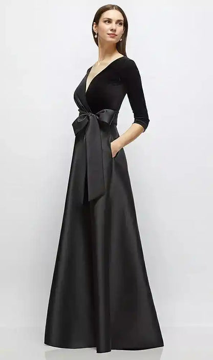 Sleeve Wrap Bodice Full Skirt Black Velvet and Satin Dress with Sash in Black