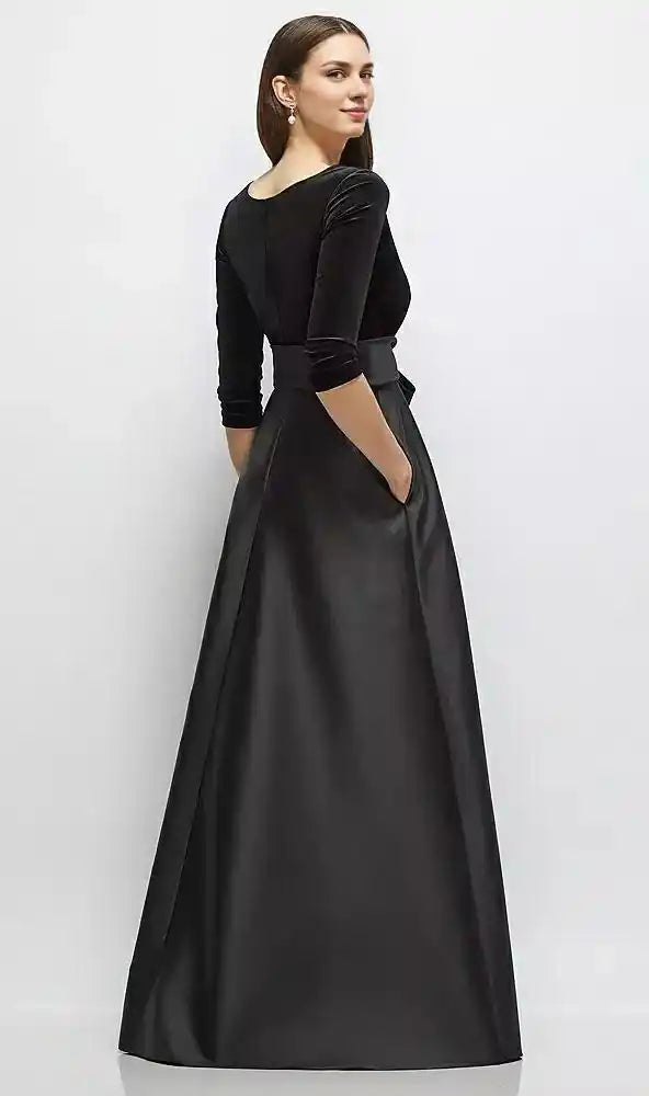 Sleeve Wrap Bodice Full Skirt Black Velvet and Satin Dress with Sash in Black