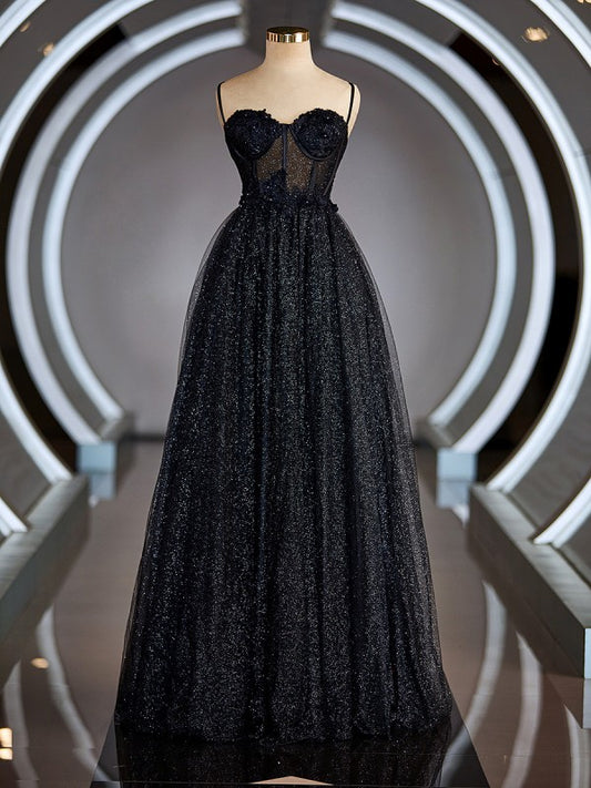 Sleeveless A-Line/Princess Spaghetti Straps Back Zip Floor-Length Prom Dresses Appliques Lace