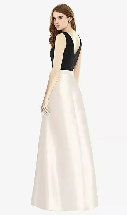 Sleeveless A-Line Satin Dress with Pockets in Ivory & Black