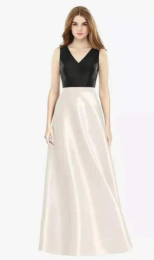 Sleeveless A-Line Satin Dress with Pockets in Ivory & Black