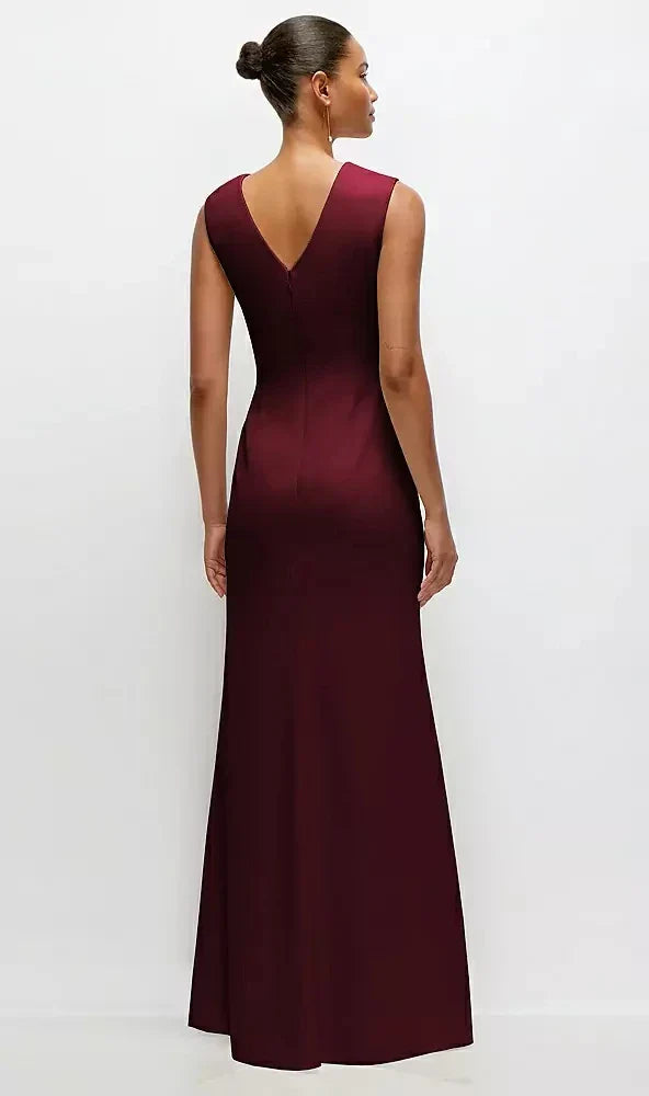 Sleeveless Cap Shoulder Crepe Maxi Dress with Trumpet Skirt in Cabernet