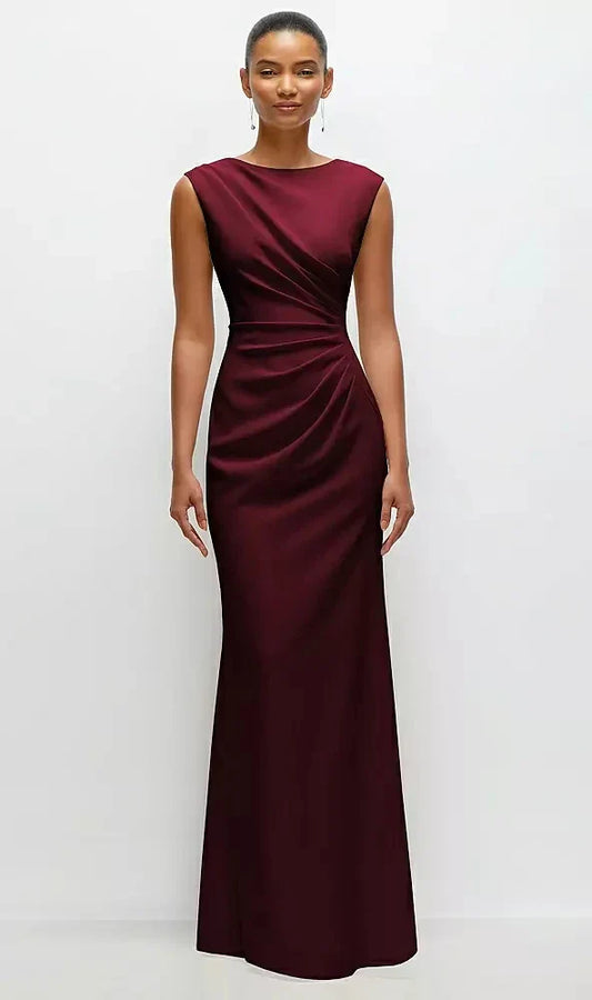 Sleeveless Cap Shoulder Crepe Maxi Dress with Trumpet Skirt in Cabernet