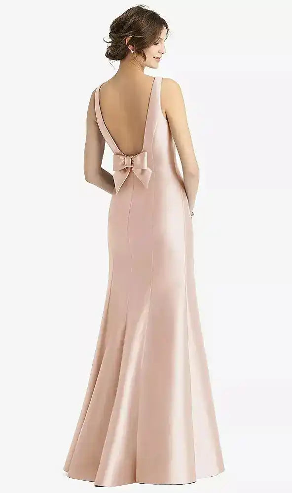 Sleeveless Satin Trumpet Gown with Bow at Open-Back in Cameo