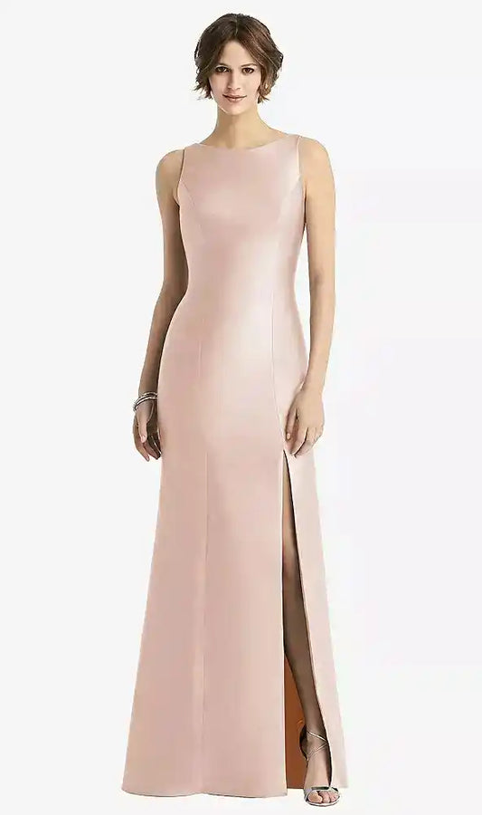 Sleeveless Satin Trumpet Gown with Bow at Open-Back in Cameo