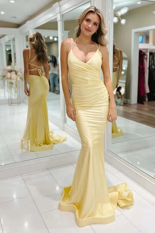 Slim-fit Full of charm Spaghetti Strap Lace-Up Back V-Neck Satin Mopping The Floor Prom Dresses
