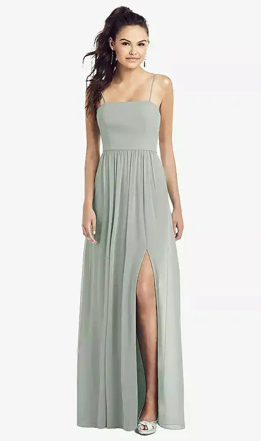 Slim Spaghetti Strap Chiffon Dress with Front Slit in Willow Green