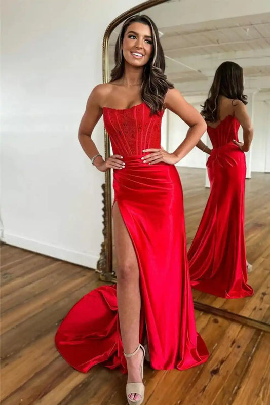 Slit Strapless Corset Prom Dress Evening Dresses