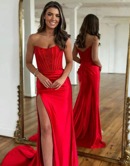 Slit Strapless Corset Prom Dress Evening Dresses