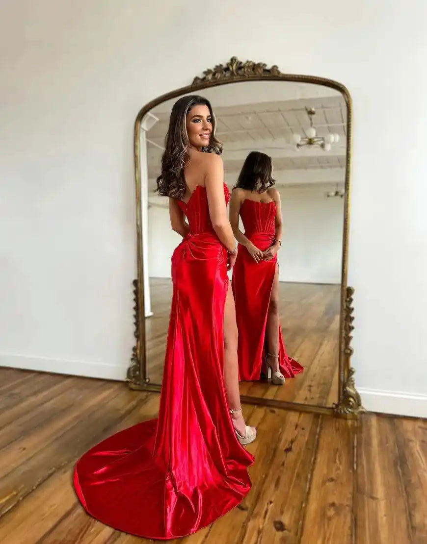 Slit Strapless Corset Prom Dress Evening Dresses
