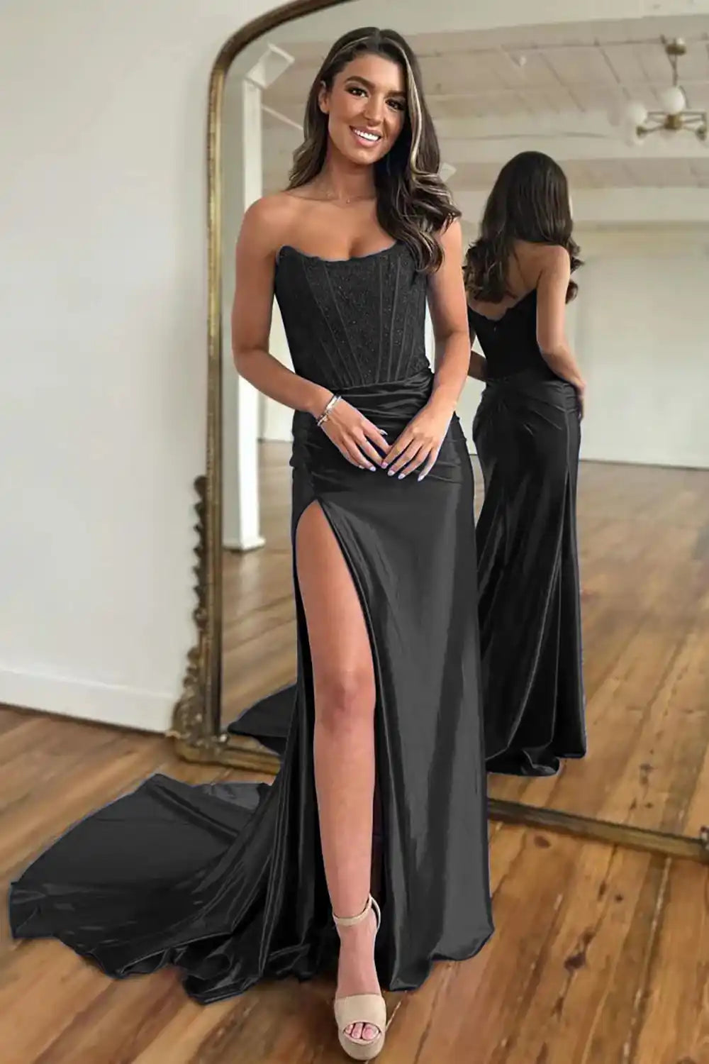 Slit Strapless Corset Prom Dress Evening Dresses