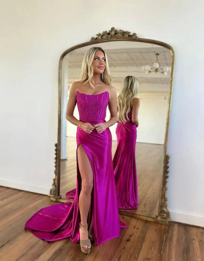 Slit Strapless Corset Prom Dress Evening Dresses