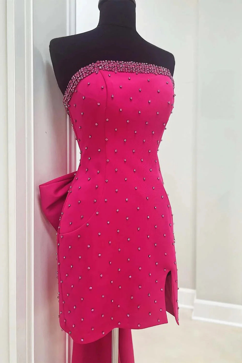Slit Strapless Homecoming Dress with Bow