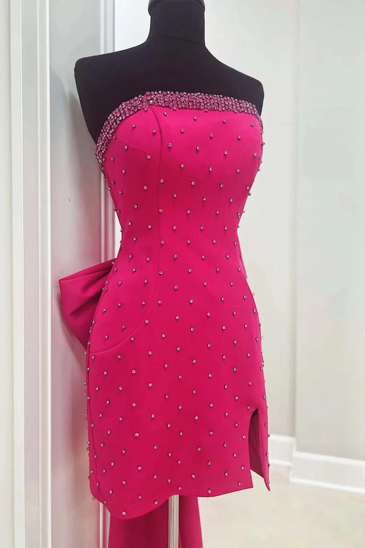 Slit Strapless Homecoming Dress with Bow