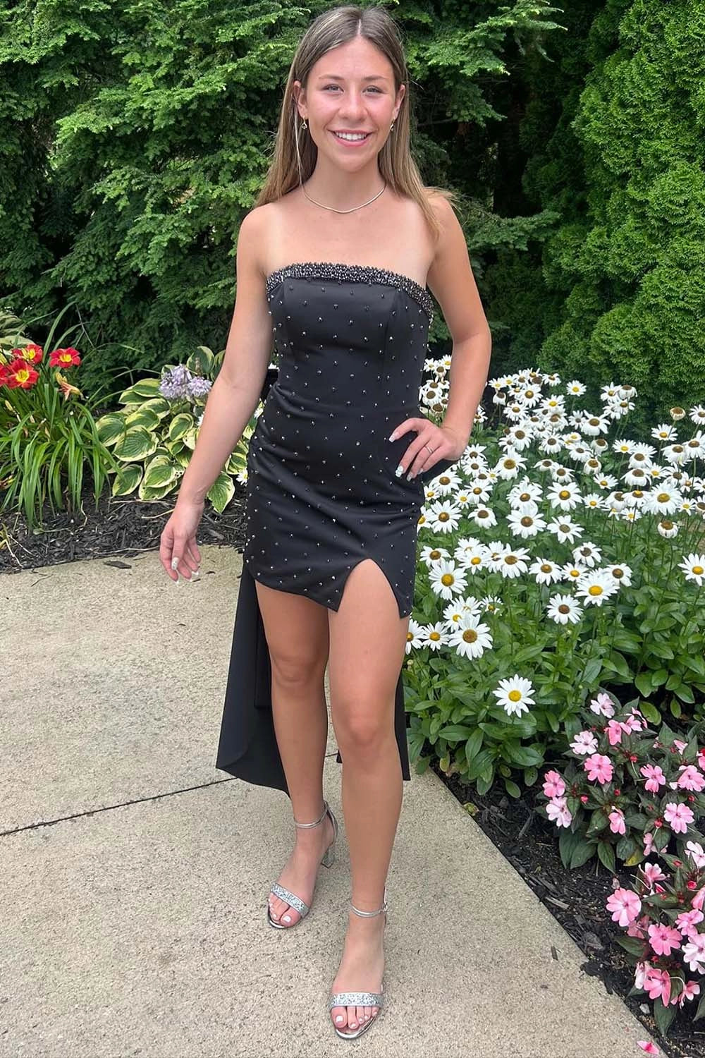 Slit Strapless Homecoming Dress with Bow