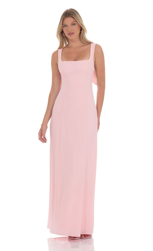 Soft A-Line Square-Neck Bow-Accent Open-Back Blush Chiffon Floor-Length Prom Dresses